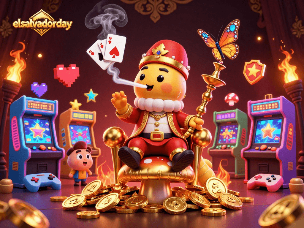 Win with style at elsalvadorday, featuring a vibrant 3D casino scene with gaming elements.