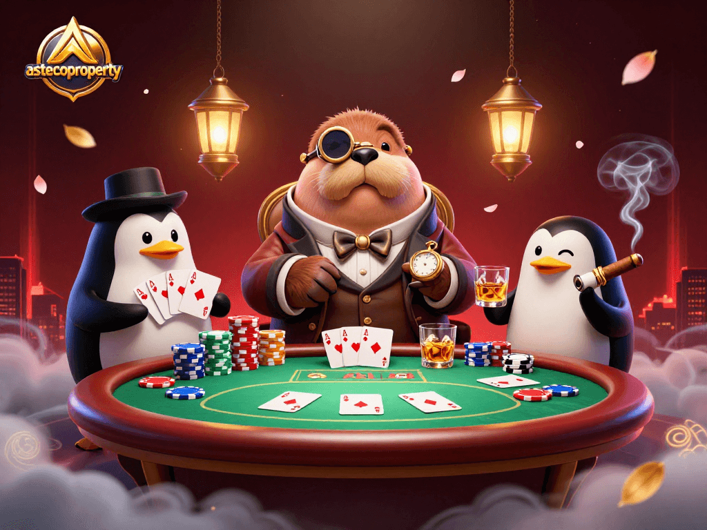 Experience high-stakes poker action with astecoproperty's jolly walrus, sophisticated dealer, and bluffing pufferfish.