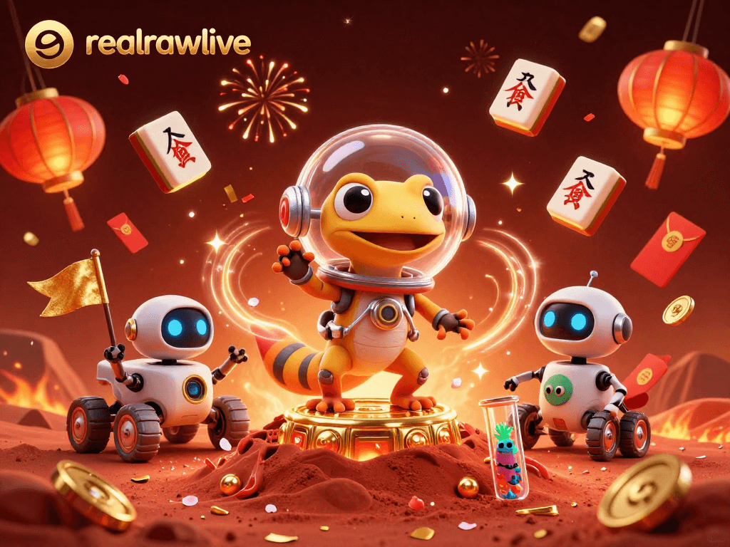 Experience realrawlive with a Martian gecko unlocking a golden casino in a vibrant 3D scene.