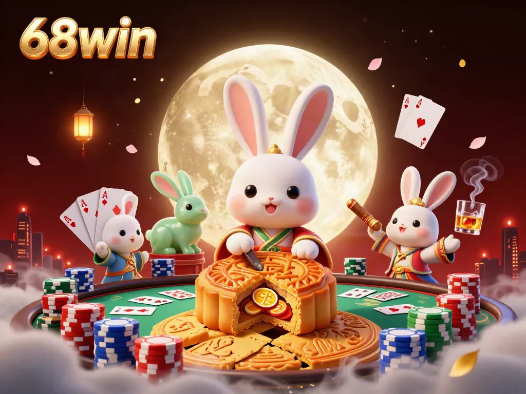 Experience excitement with 68win's vibrant casino scene featuring a playful moon rabbit and poker elements.