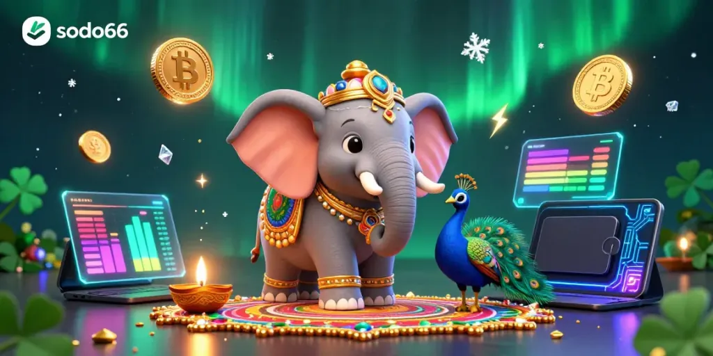 Experience excitement with sodo66's 3D golden-themed elephant surrounded by lively gambling elements.