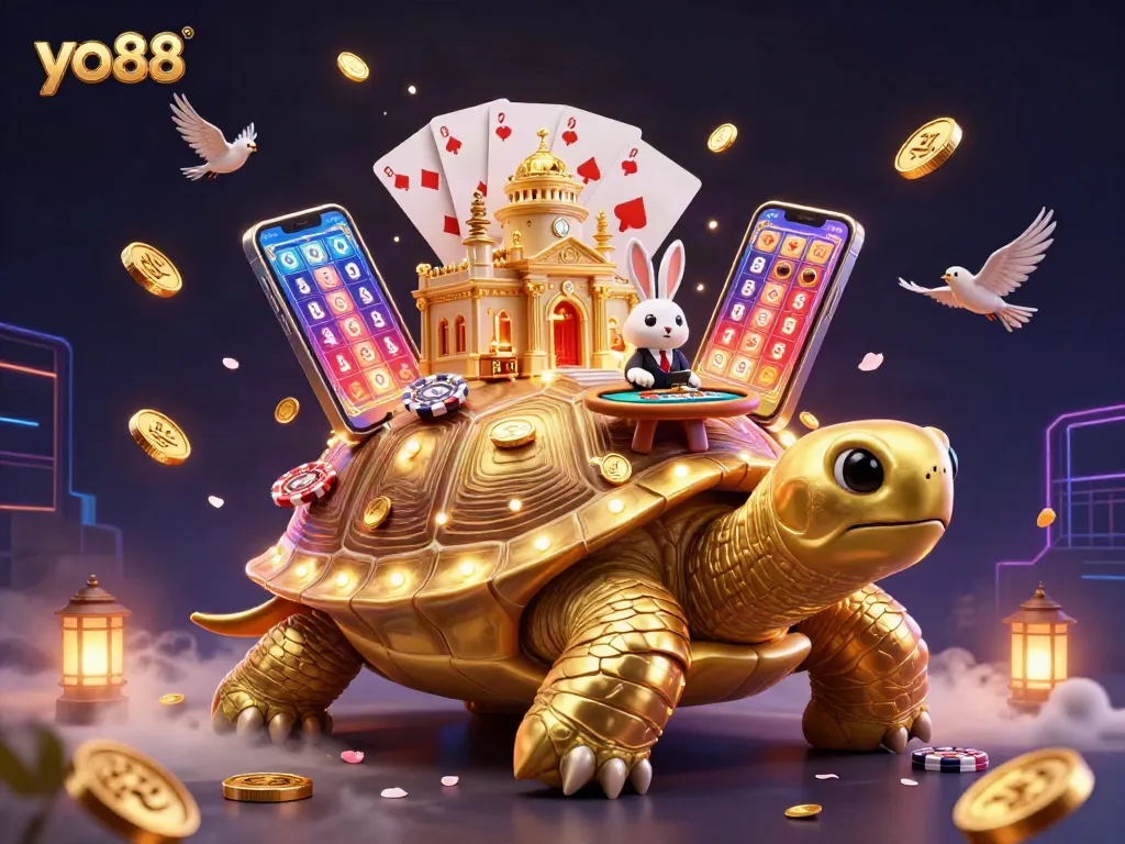 Experience yo88's gaming thrill with a golden tortoise casino scene surrounded by enchanting elements.
