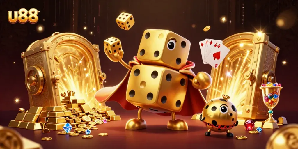Experience the thrill of u88 with vibrant golden dice and casino treasures in this dynamic illustration.