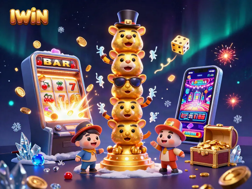 IWIN brings casino excitement with a 3D totem and vibrant slot machine action.