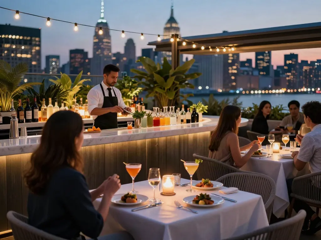 Patrons enjoying gourmet dishes and cocktails at NoHu Rooftop, with NYC skyline backdrop.