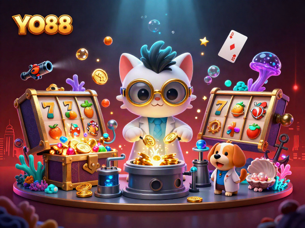 Experience the excitement of YO88 with a thrilling 3D casino scene featuring a mad scientist cat and slot machines.
