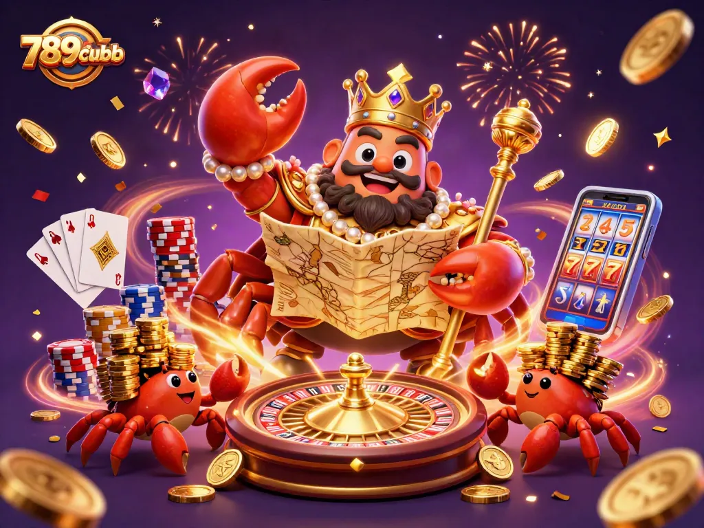 Join the 789clubb excitement with a golden crab emperor, treasure map, and vibrant casino elements.
