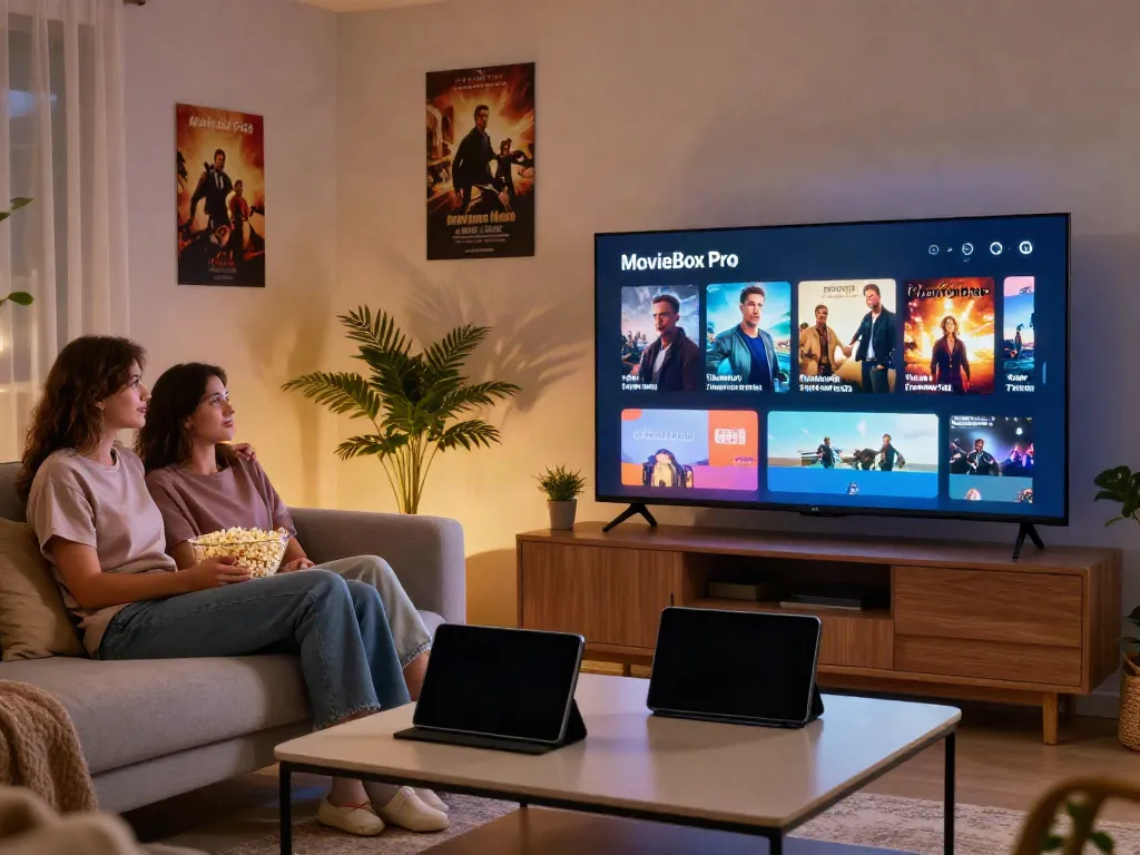 Cozy living room with couple enjoying movies on mymovieboxproapp.com, stylish decor and smart TV display.