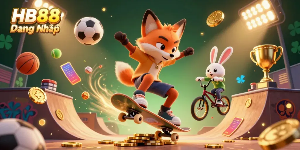 Experience exciting moments with HB88 Đăng Nhập as a playful fox skater and BMX rabbit ride through a vibrant casino-themed scene.