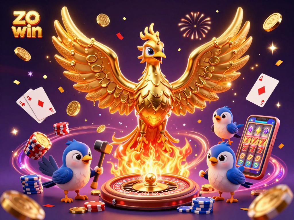 Experience winning at zo win with a vibrant 3D illustration of a golden phoenix and casino elements.