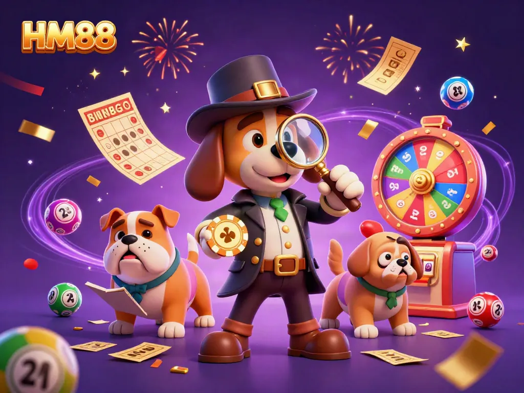 Catch the excitement of HM88 with a cartoon detective exploring a treasure of golden chips and colorful lottery elements.