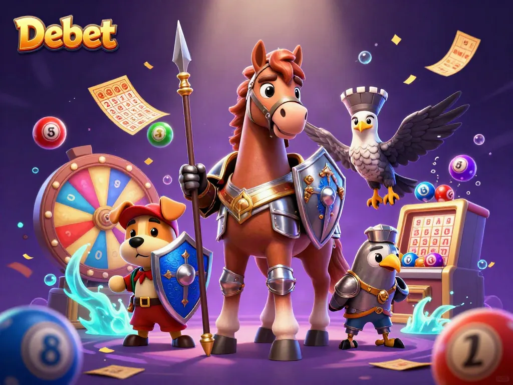 Play and win with Debet's exciting lottery-themed gaming illustration featuring colorful elements.
