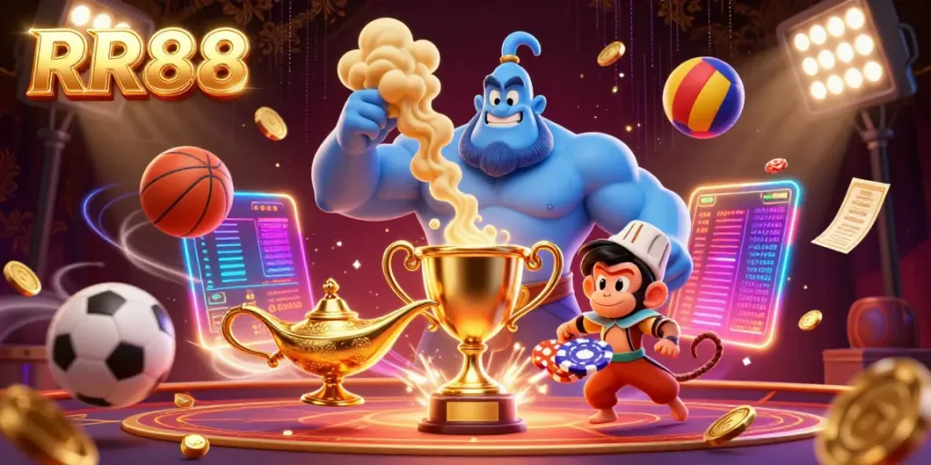 Experience RR88 with a vibrant 3D illustration showcasing a genie, monkey, and poker chips in a lively casino atmosphere.