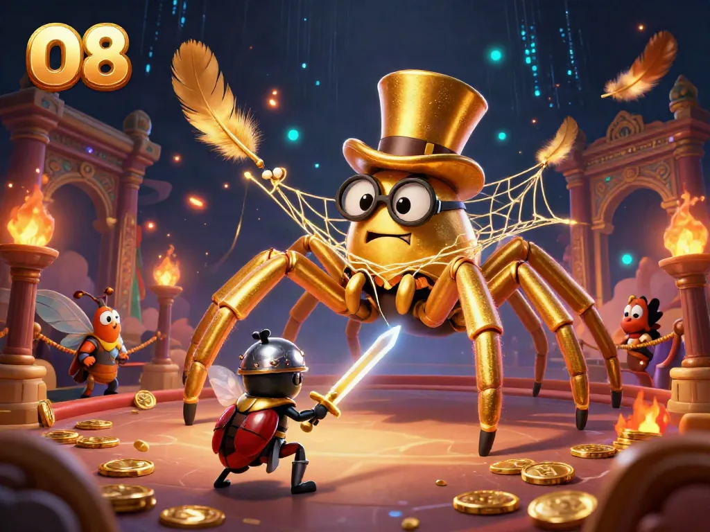 Witness the exciting O8 online casino scene with a golden tarantula weaving riches for players.