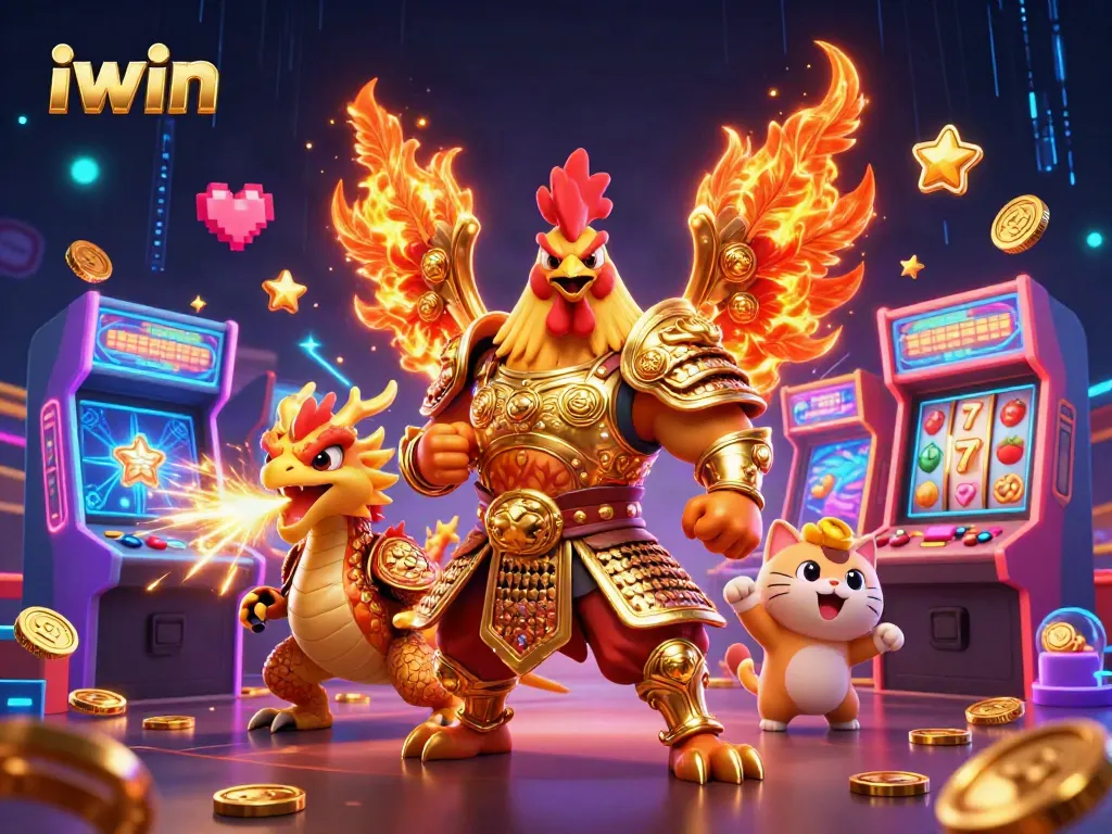 iwin gamers spin slot reels with a warrior rooster and dragon in an exciting casino scene