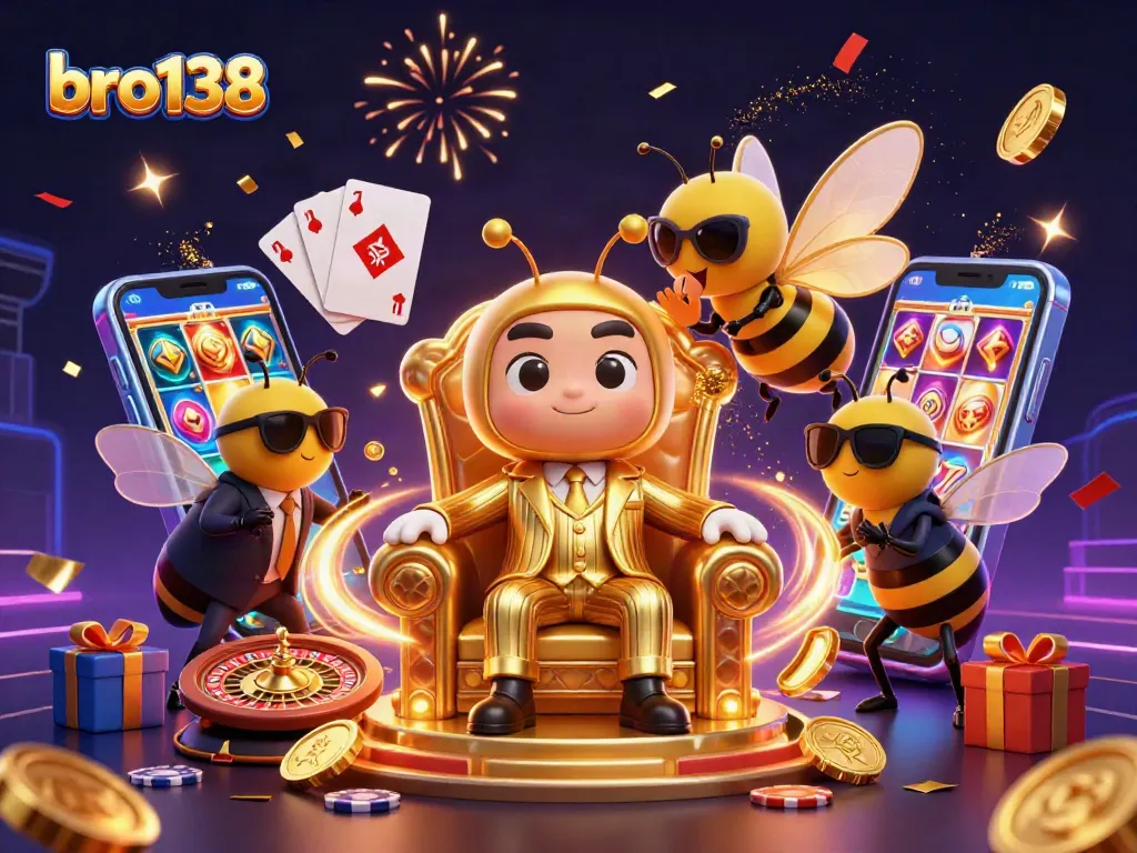 Play slots and win big with bro138's vibrant casino atmosphere filled with golden coins and exciting rewards.