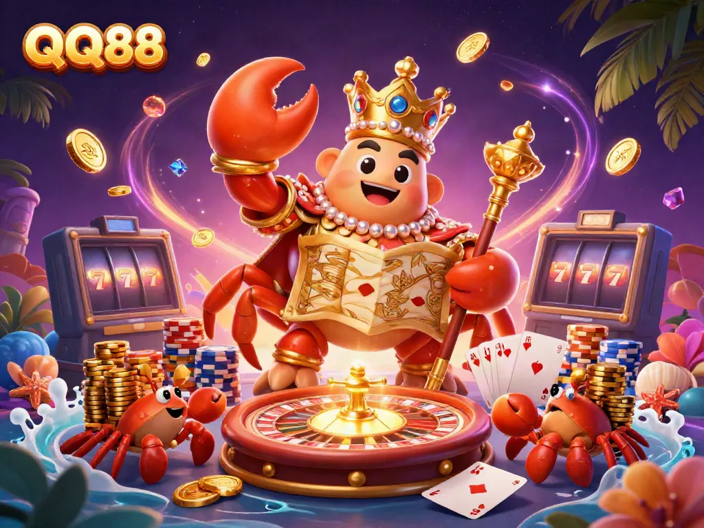 Engage in thrilling rewards at QQ88 with vibrant casino elements surrounding a majestic crab emperor.
