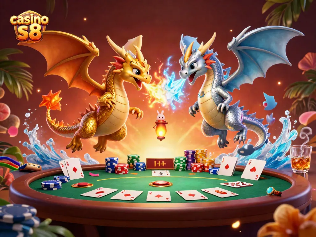 Engage in casino s8 fun with classic poker elements in a vibrant 3D dragon-themed scene.
