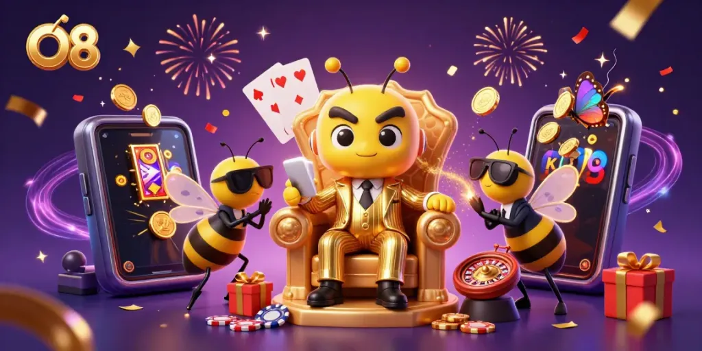 O8 offers dynamic gaming experiences with thrilling slot games, represented in a colorful scene.