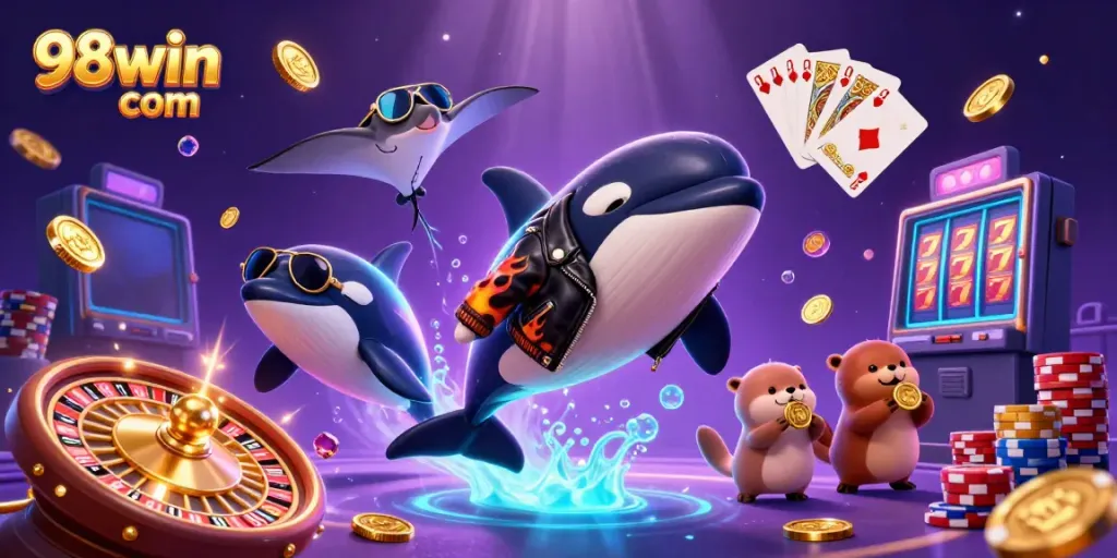 Play exciting games at 98win com while floating with otters and riding waves in a colorful casino world.