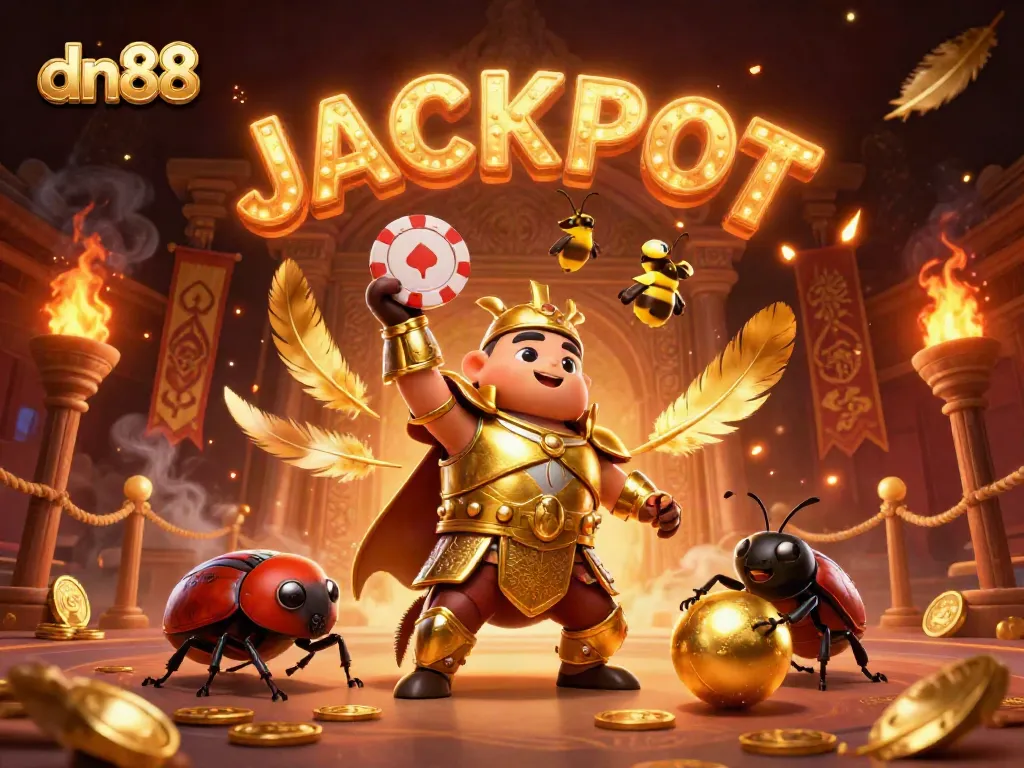 Experience exhilarating gaming action with dn88 featuring a victorious hercules beetle in a bustling casino.