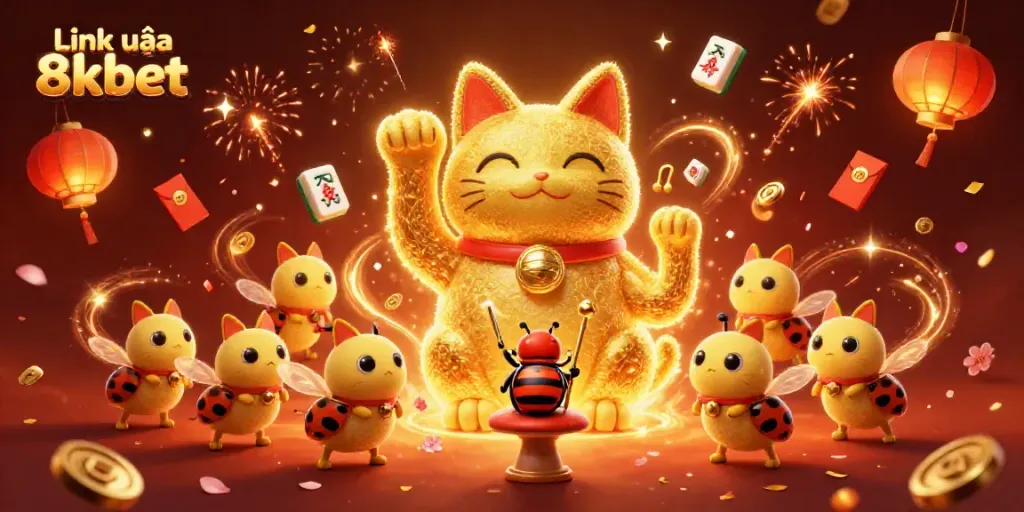 Engage with the magical scene of Link vào 8kbet featuring a lucky cat made of fireflies surrounded by immersive casino elements.