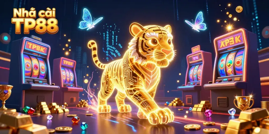 Experience the thrill of Nhà cái TP88 with golden tigers and vibrant slot machines creating a dynamic casino scene.