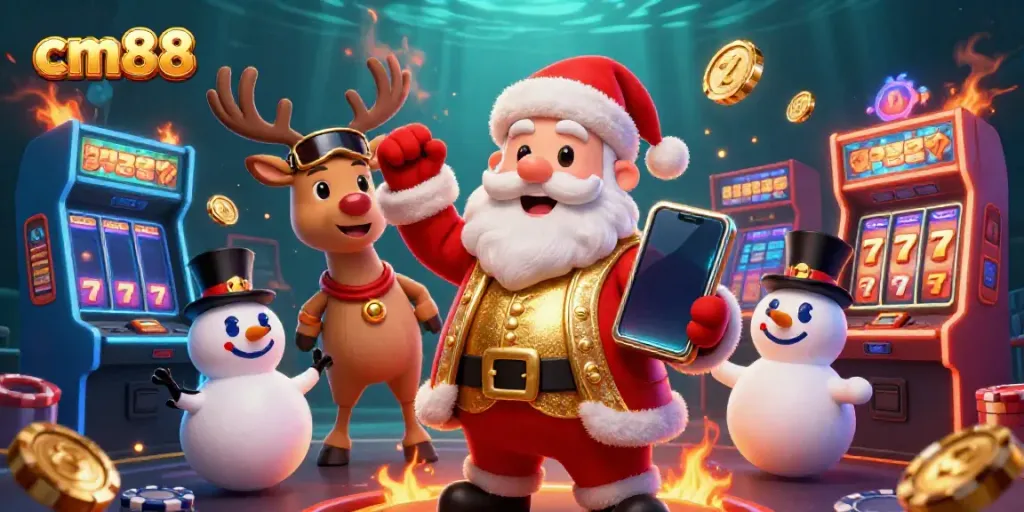 Experience cm88's thrilling gaming scene with Santa, a reindeer dealer, and a poker chip snowman.