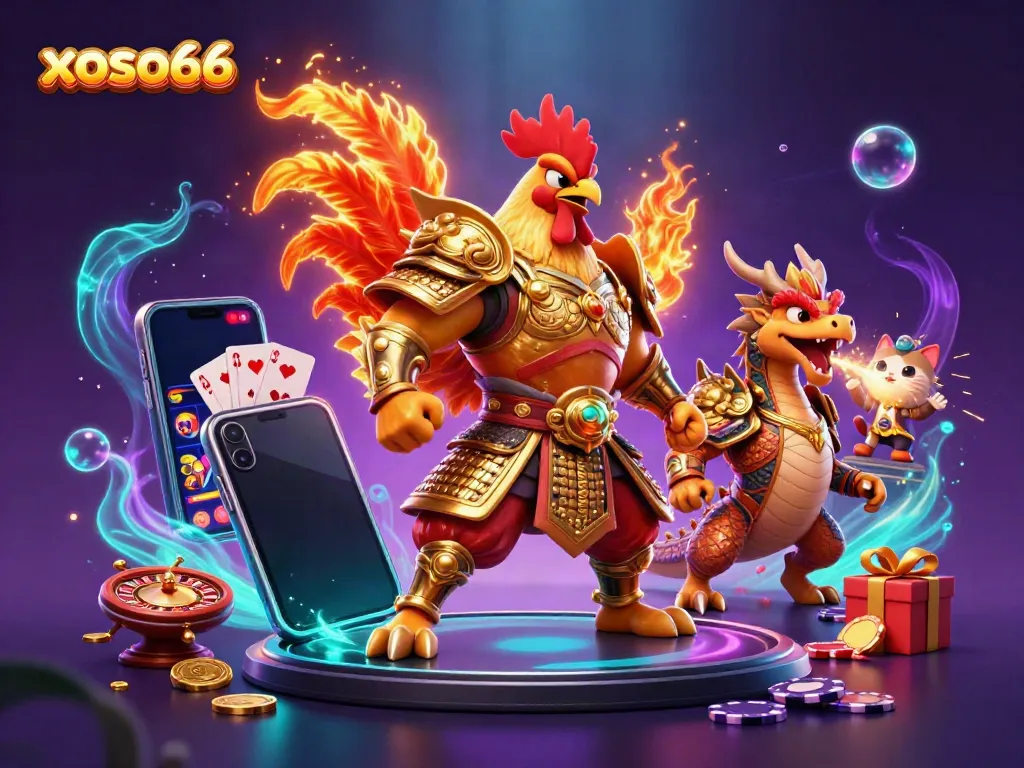 Xoso66's vibrant 3D illustration showcases a fighting rooster and dragon in a lively casino scene.