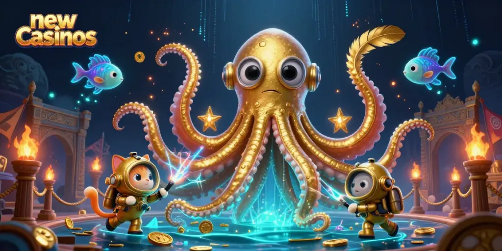 Experience exciting new casinos with a colossal kraken and a diving cat in a vibrant 3D scene.