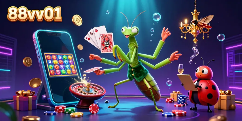 88vv01 showcases a lively casino scene with a giant praying mantis card sharp and ladybug pit boss amidst slot games and golden coins.
