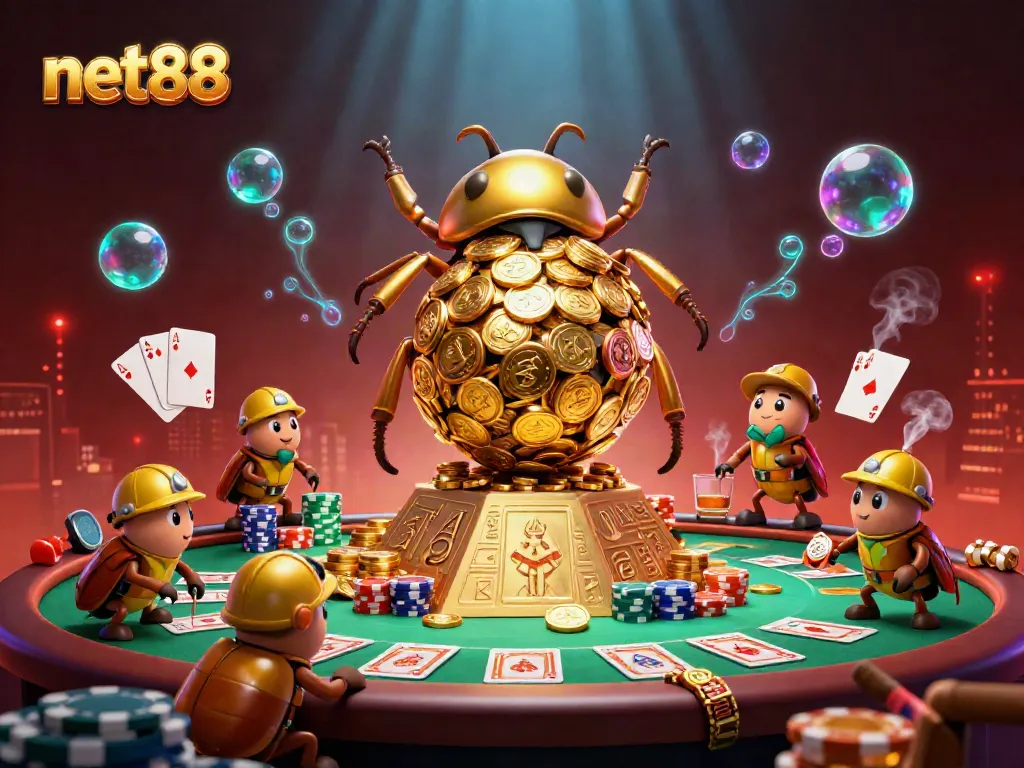 Experience the excitement of net88 with a vibrant casino-themed illustration featuring golden beetles and poker elements.