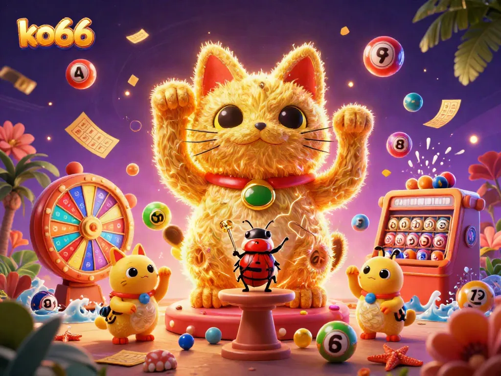 Experience lively casino action with ko66's golden lucky cat and vibrant lottery elements.