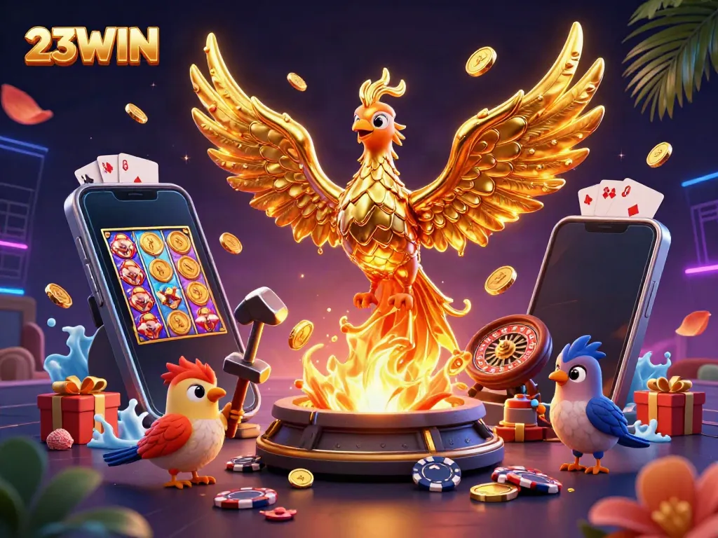Experience winning with 23WIN as molten gold pours from a phoenix in a vibrant casino scene.