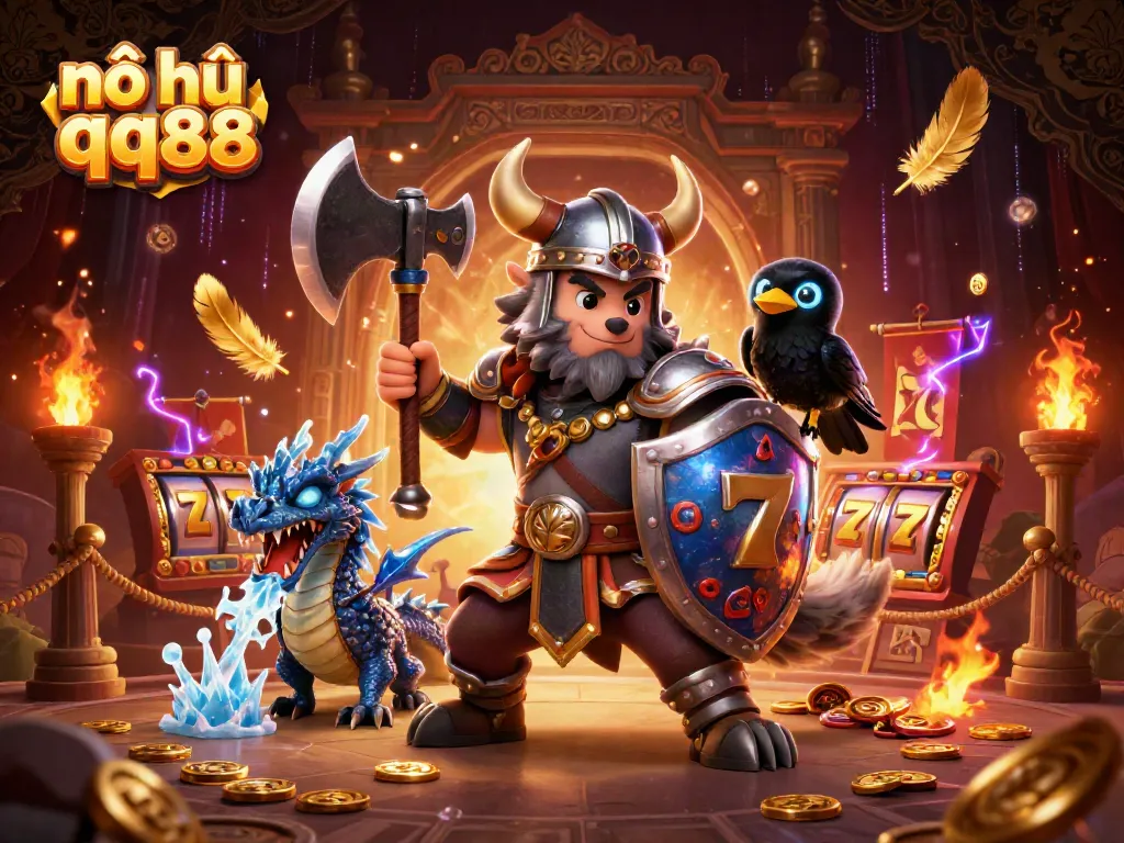 Engaging scene depicting nổ hũ qq88 slot icons alongside heroic fantasy characters in a casino-themed illustration.