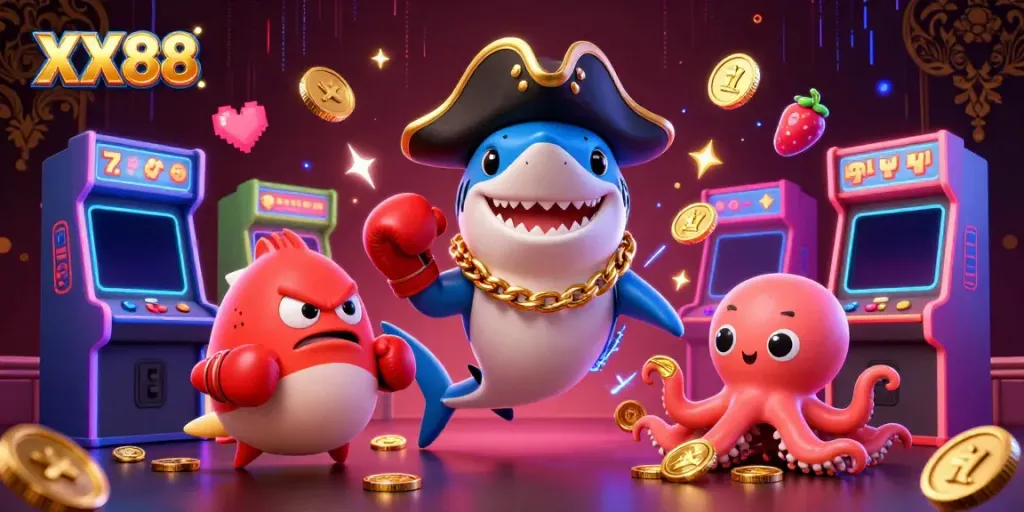 Experience excitement with XX88 as cartoon characters celebrate gaming wins in a vibrant casino scene.