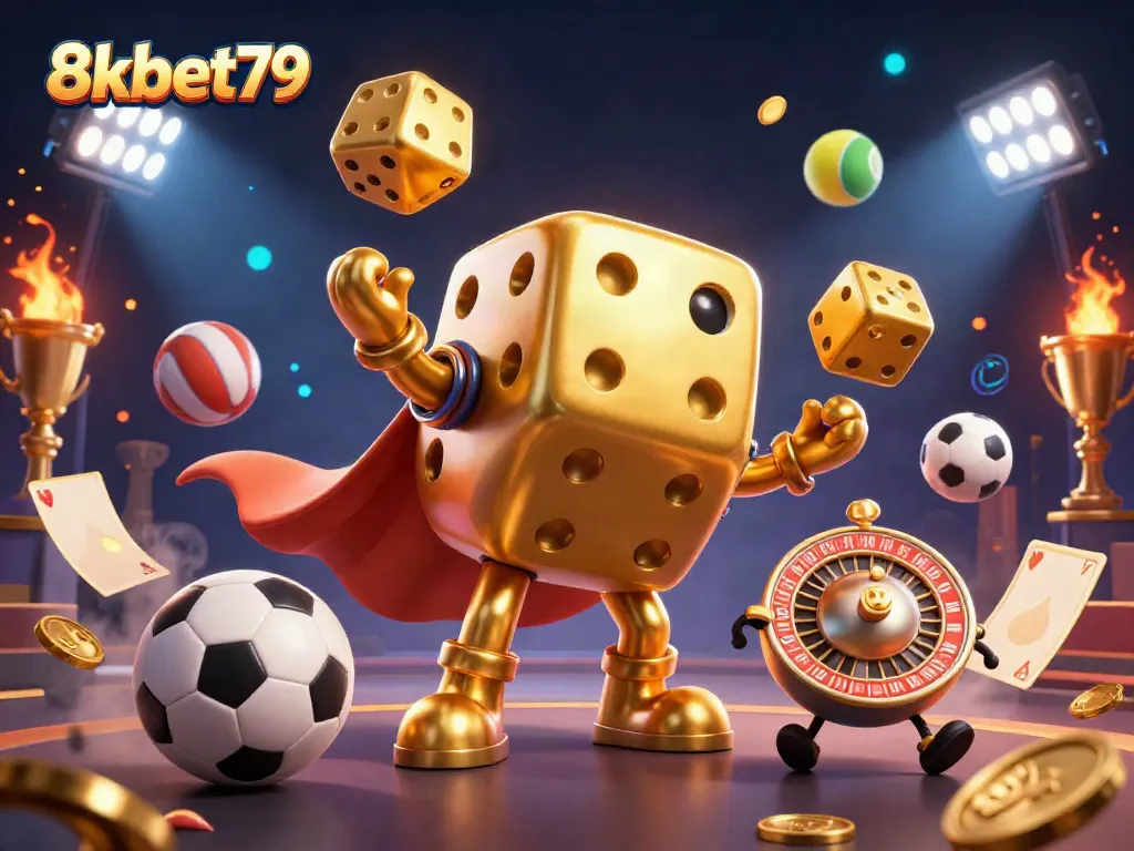 Engage with thrilling gaming action at 8xbet79 featuring a dynamic golden dice golem and sports elements.
