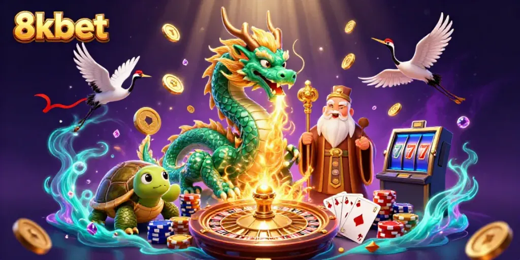 Engage in thrilling adventures with 8xbet's vibrant 3D casino illustration featuring a jade dragon and dynamic game elements.