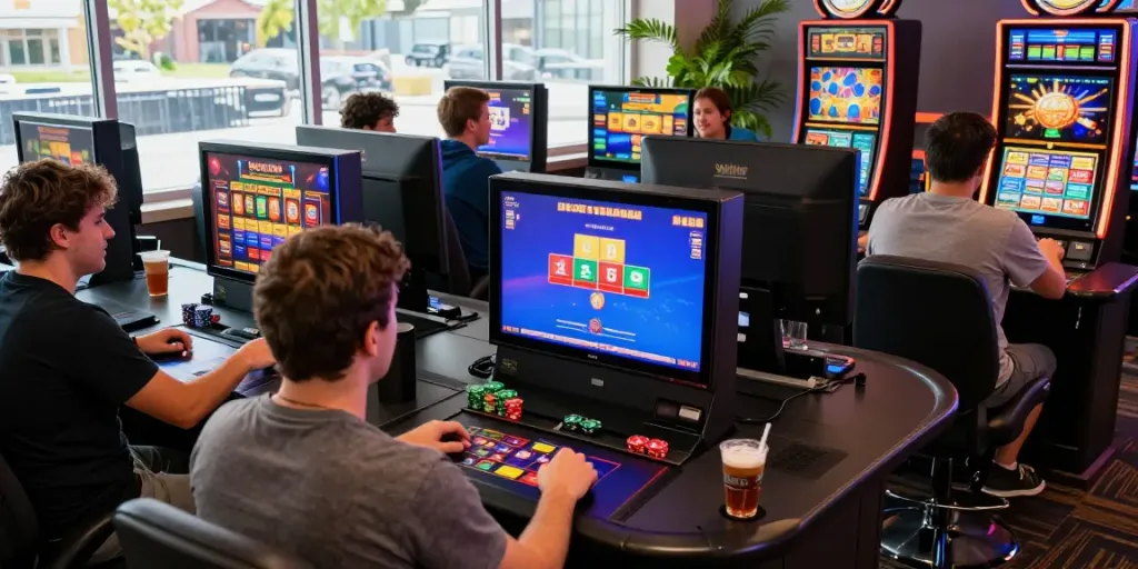 Players enjoying video slots that accept credit cards in a lively casino atmosphere.