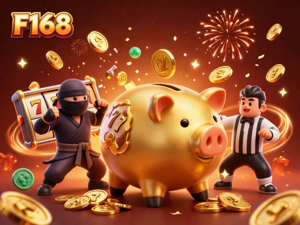 Engage with the vibrant F168 casino experience featuring dynamic characters and celebratory elements.