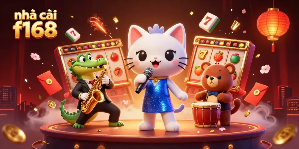 Engaging scene of nhà cái f168 featuring a jazzy cat singer, crocodile saxophonist, and bear drummer amidst casino elements.