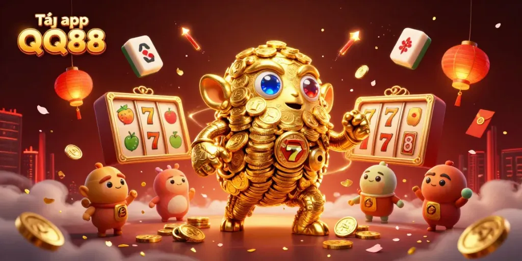 Tải app QQ88 to experience a vibrant 3D casino world filled with dynamic slot reels and golden coins.