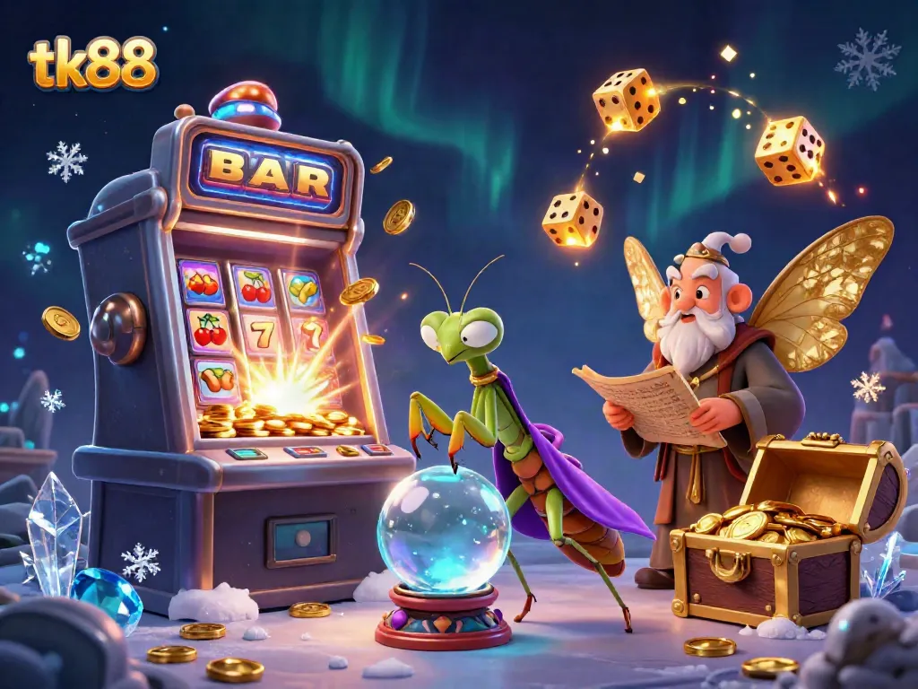 Experience tk88's magic with a vibrant illustration of fortune tellers and casino games.