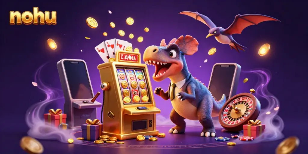 NoHu casino scene with a dinosaur triggering slot machine jackpots surrounded by gold coins and playing cards