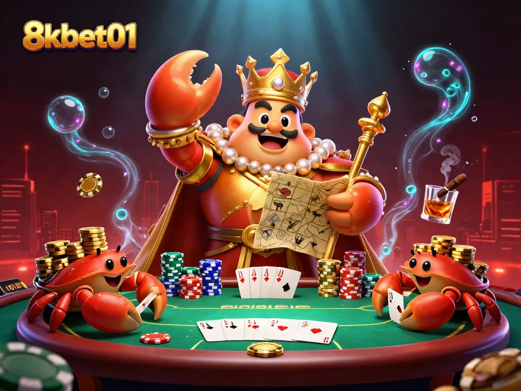 Engage with 8kbet01's vibrant casino scene featuring a golden crab emperor amidst poker elements.