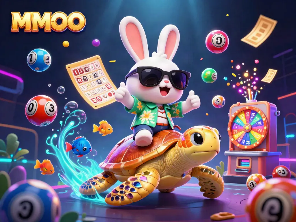 Experience vibrant casino excitement with MMOO's lucky rabbit and golden turtle surrounded by colorful game elements.