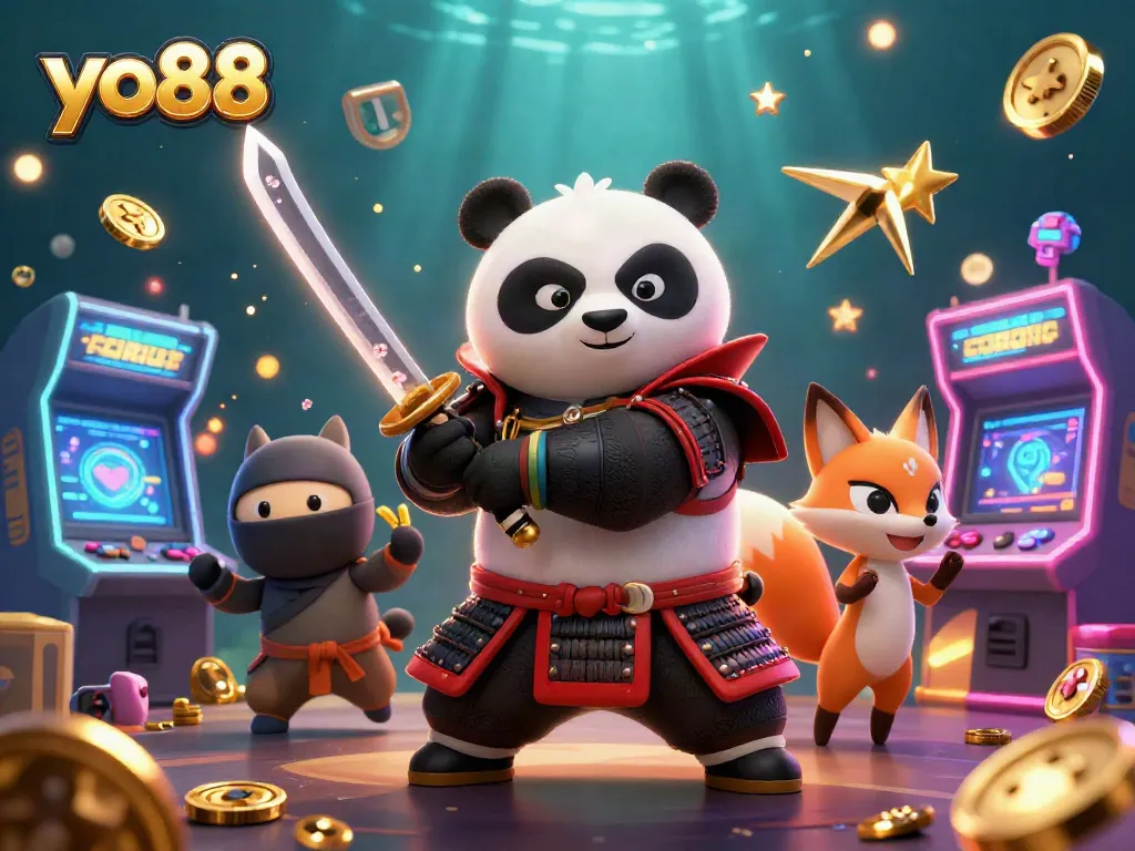 Engage in exciting gaming with yo88, featuring a samurai panda, ninja fox, and game elements.