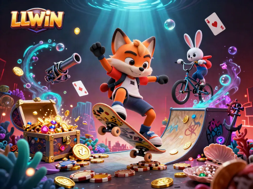 Experience thrilling action at LLWIN with a skateboarder fox and BMX rabbit amid vibrant casino elements.