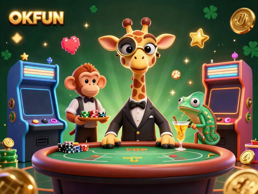 Engage at OKFUN with the high-roller giraffe at a luxurious poker table, surrounded by vibrant casino elements.