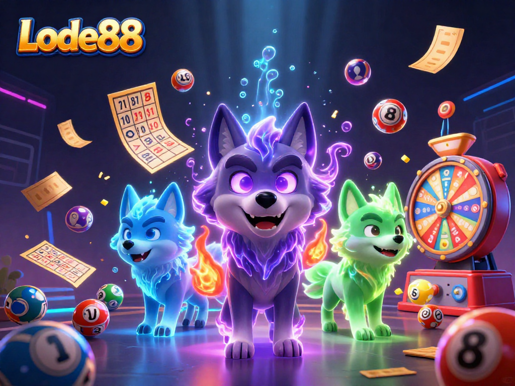 Lode88's captivating scene showcases a dynamic lottery and gambling atmosphere full of excitement.